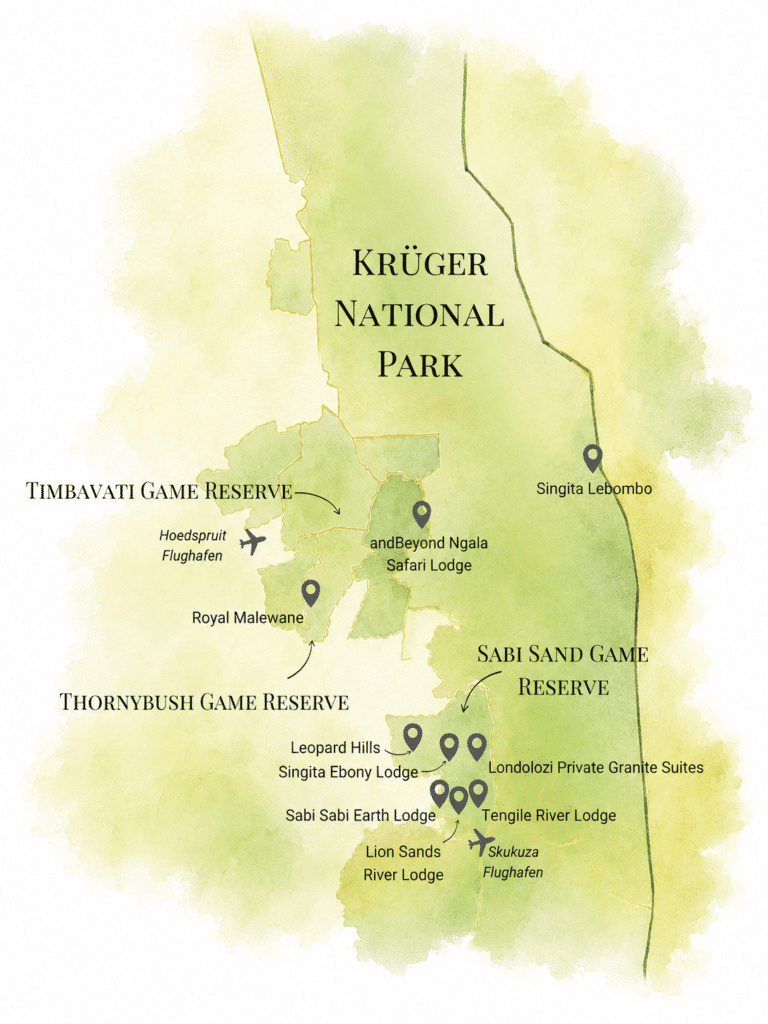 Karte mit Lage der ausgewählten Luxuslodges im Krüger Nationalpark, Sabi Sand, Thornybush & Timbavati